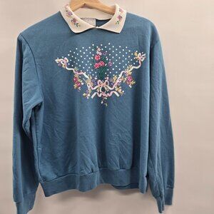 Blair Vintage Blue White Collar Floral Cottagecore Grandma Sweater Size Large